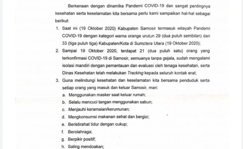 SURAT PJS BUPATI SAMOSIR TENTANG PERLINDUNGAN KESEHATAN BERSAMA